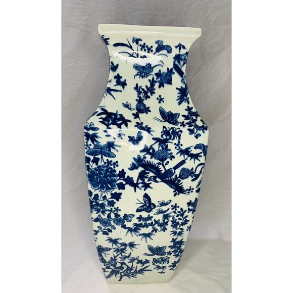 Blue And White Ceramic Vase Large Floral Butterfly Bird Square Tall Chinese - Picture 7 of 7